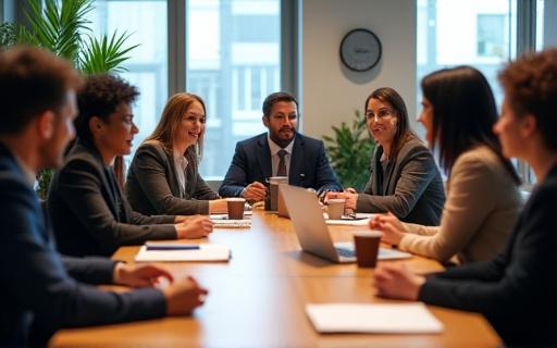 Grúpa comhghleacaithe ag comhoibriú go dearfach.